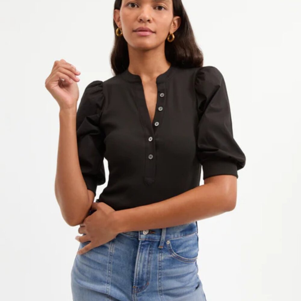 Veronica Beard Black Puff Sleeve Henley Blouse